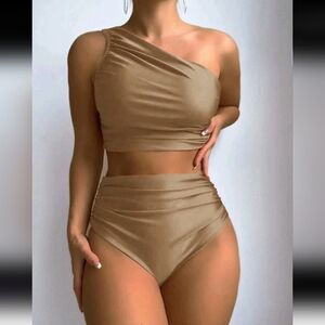 Women's 2 Piece One Shoulder Ruched High Waist Bikini, L, Khaki